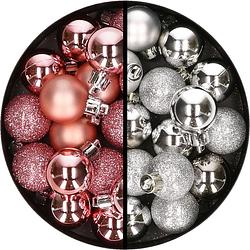 Foto van 34x stuks kunststof kerstballen roze en zilver 3 cm - kerstbal