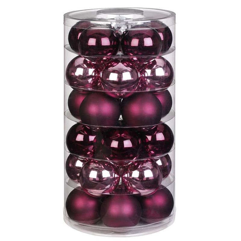 Foto van Tube met 30x roze en rode kerstballen van glas 6 cm glans en mat - kerstbal