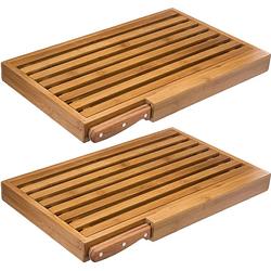 Foto van 2x stuks brood snijplank met kruimel opvangbak 44 x 27 cm van bamboe hout inclusief broodmes - snijplanken