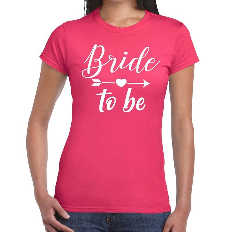 Foto van Bride to be tekst t-shirt met cupido pijl roze dames - dames shirt bride to be- vrijgezellenfeest kleding m