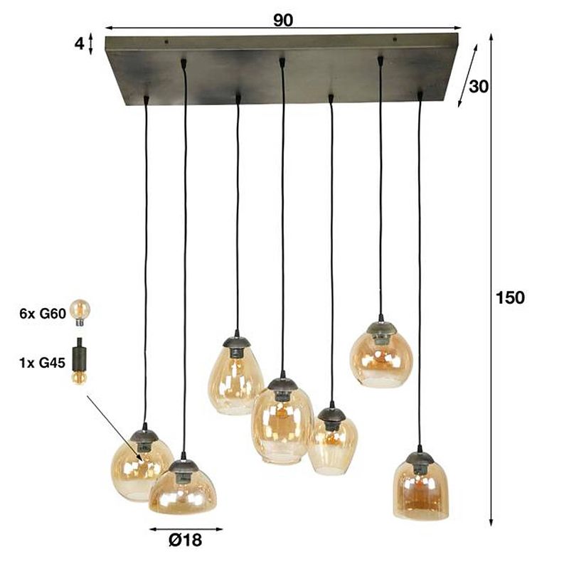 Foto van Hoyz - hanglamp 4+3l mix - 7 lichtpunten - amberkleurig glas