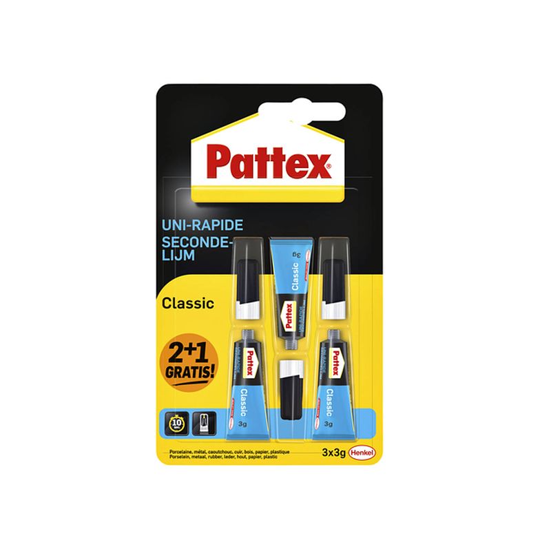 Foto van Pattex classic secondelijm, 3 g, 2 + 1 gratis, op blister