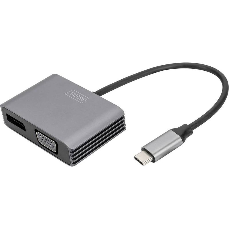 Foto van Digitus da-70827 displayport / rgb / usb-c adapter [1x usb-c - 2x displayport bus, vga-bus] zwart afgeschermd, rond 0.2 m