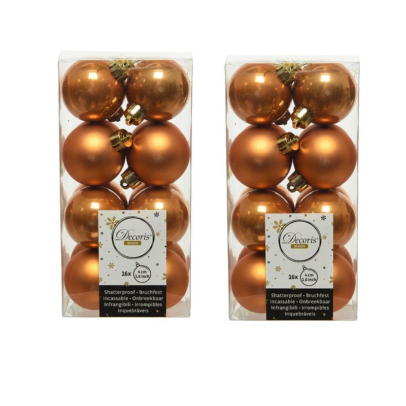 Foto van 32x stuks kunststof kerstballen cognac bruin (amber) 4 cm glans/mat - kerstbal