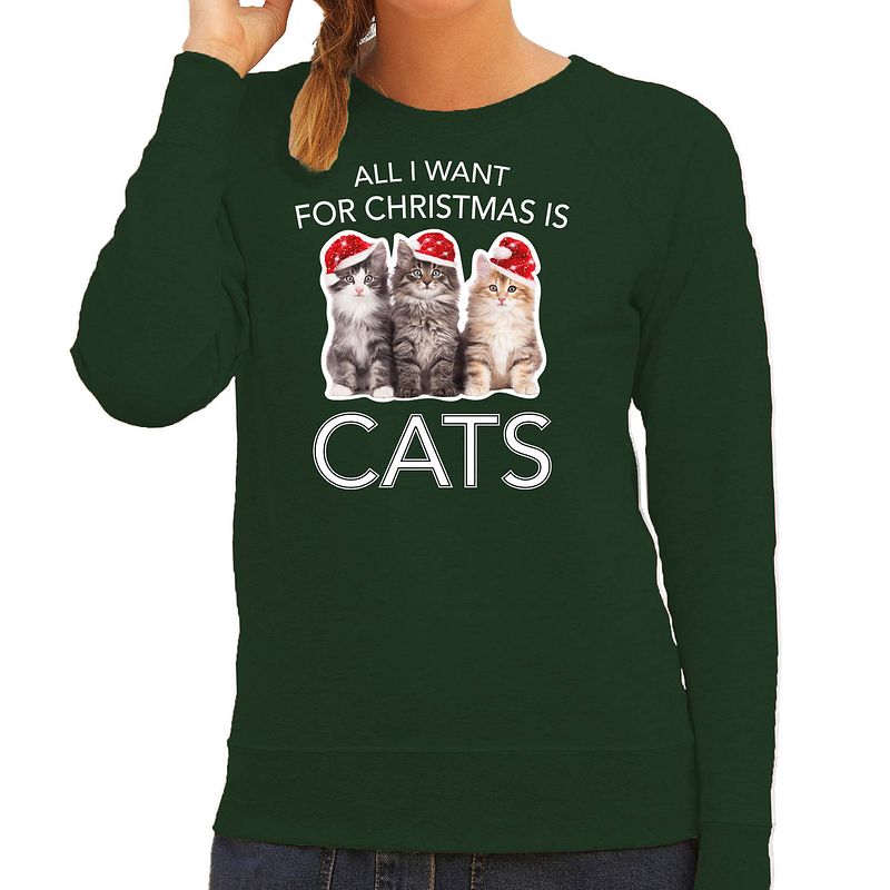 Foto van Groene kersttrui / kerstkleding all i want for christmas is cats voor dames l - kerst truien