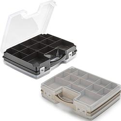 Foto van Forte plastics - 2x opberg vakjes doos/sorteerbox - 21-vaks kunststof - 28 x 21 x 6 cm - zwart/taupe - opbergbox