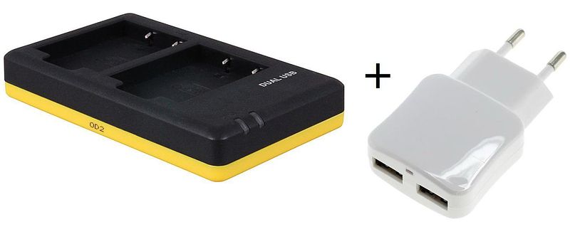 Foto van Duo lader voor 2 camera accu's fujifilm np-w126 + handige 2 poorts usb 230v adapter