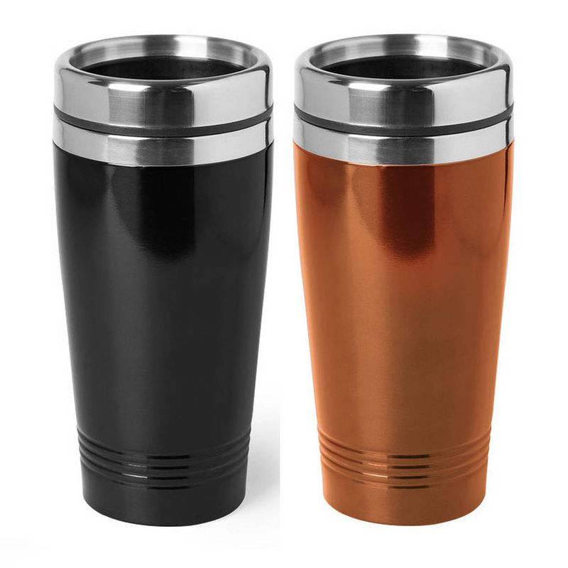 Foto van Set van 2x stuks warmhoudbekers/warm houd bekers metallic zwart en oranje 450 ml - thermosbeker