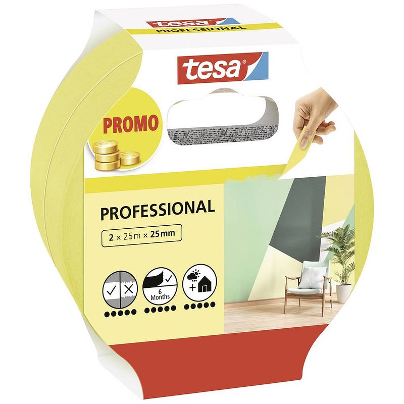 Foto van Tesa professional 56212-00000-02 afplakband geel (l x b) 50 m x 25 mm 2 stuk(s)