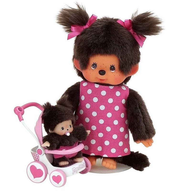 Foto van Monchhichi knuffelpop moeder met buggy - 20 cm