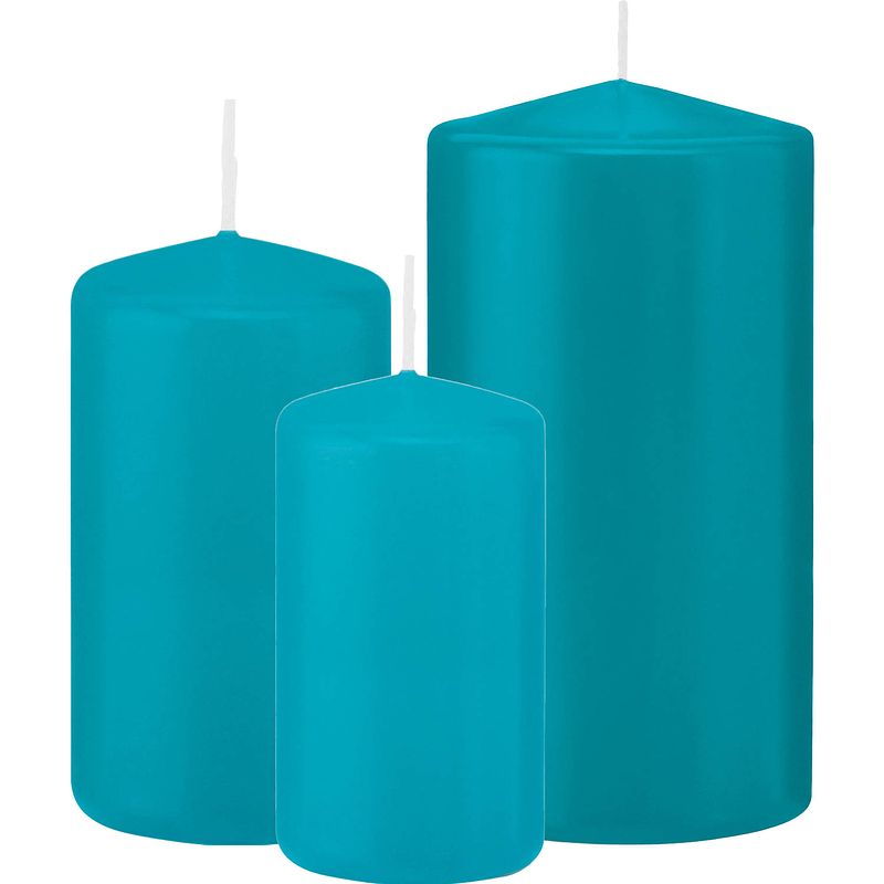 Foto van Stompkaarsen set van 6x stuks turquoise blauw 10-12-15 cm - stompkaarsen