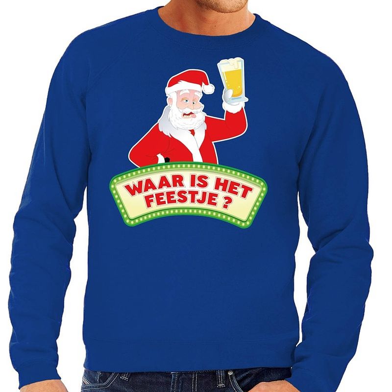 Foto van Foute kersttrui / sweater voor heren - blauw - dronken kerstman met biertje m (50)