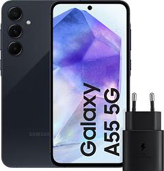 Foto van Samsung galaxy a55 128gb donkerblauw 5g + samsung 25 watt snellader zwart