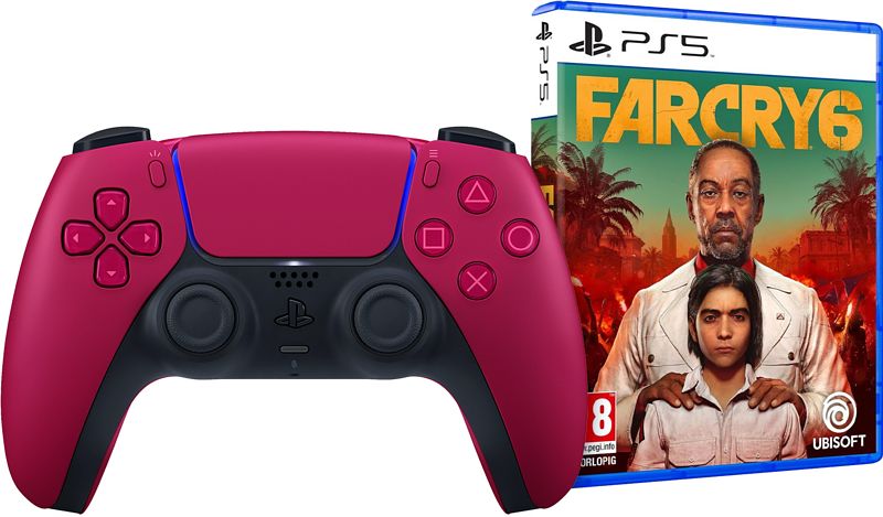 Foto van Sony dualsense draadloze controller cosmic red + far cry 6 ps5