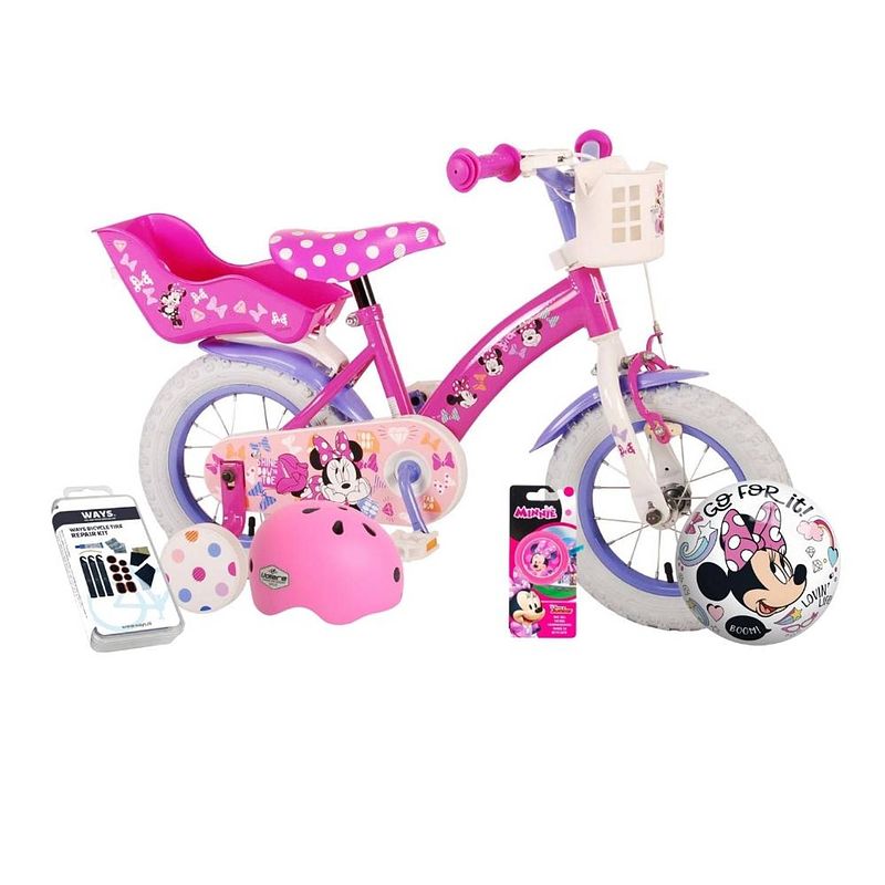 Foto van Volare kinderfiets minnie mouse - 12 inch - roze - inclusief fietshelm & accessoires