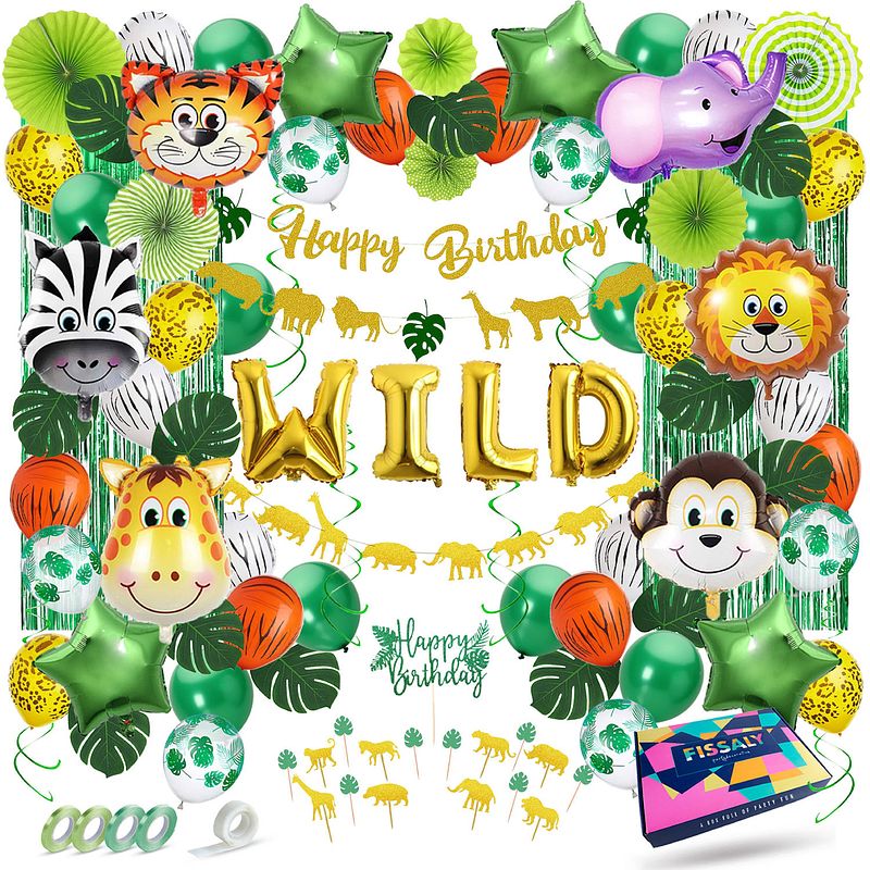 Foto van Fissaly® 106 stuks jungle decoratie versiering set - happy birthday safari thema - slingers, ballonnen & accessoires