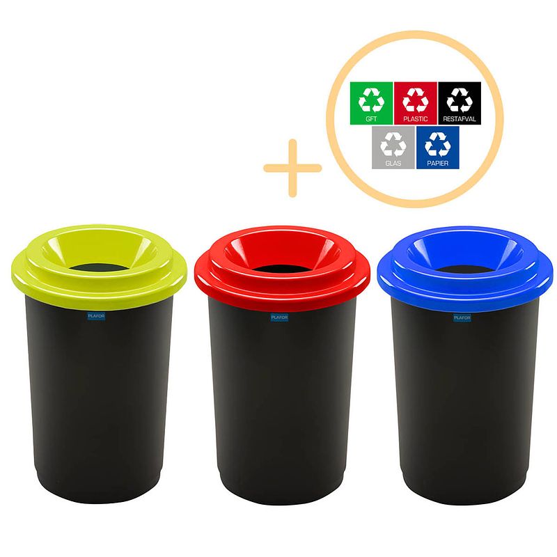 Foto van Plafor eco bin prullenbak 50l - set van 3 - blauw/groen/rood + sticker set