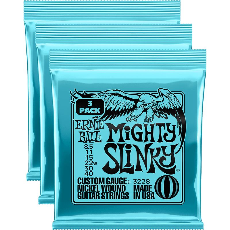 Foto van Ernie ball 3228 mighty slinky nickel wound 8,5-40 snaren voor elektrische gitaar (3 sets)