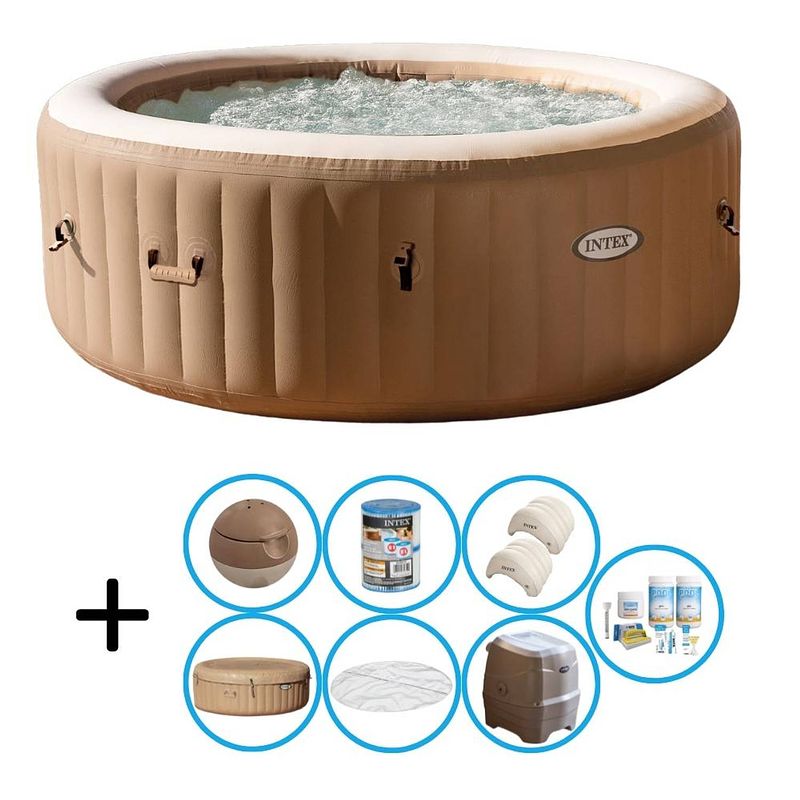 Foto van Intex - bubble massage - jacuzzi - 196 x 71 cm - beige - inclusief onderhoudspakket en hoofdsteunen