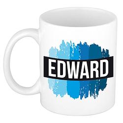 Foto van Naam cadeau mok / beker edward met blauwe verfstrepen 300 ml - naam mokken