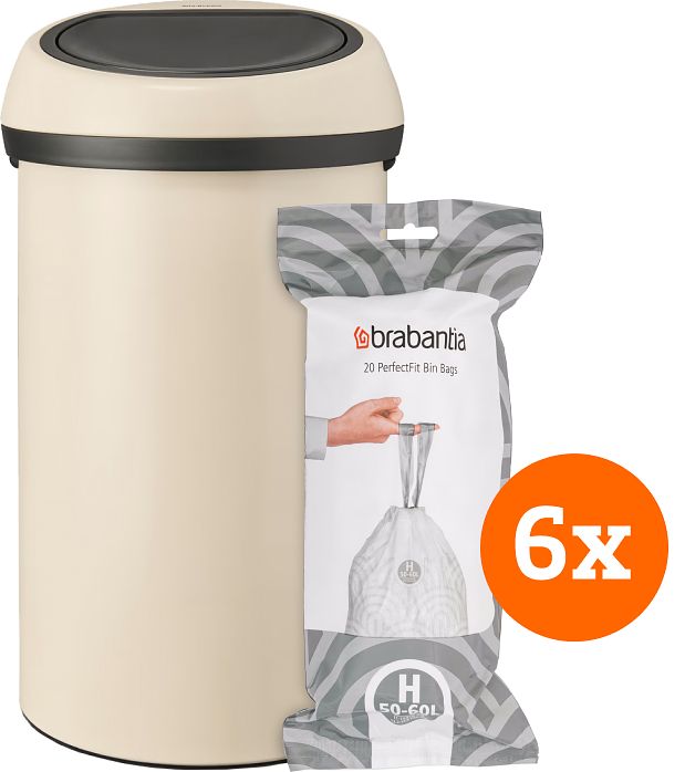 Foto van Brabantia touch bin 60 liter soft beige + vuilniszakken (120 stuks)