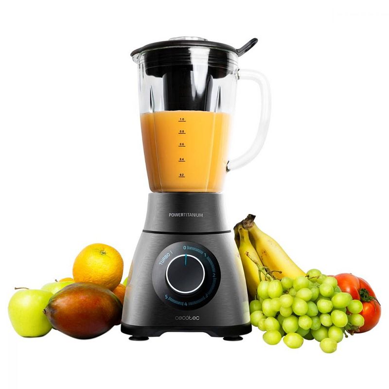 Foto van Cecotec blender titanium messen 1500w - smoothie maker met glazen kan - ijscrusher - turbo - zilver