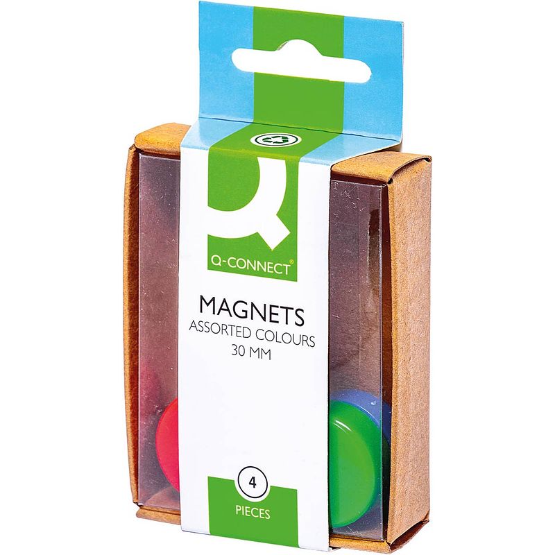 Foto van Q-connect magneten 25 mm geassorteerde kleuren doos van 4 stuks 10 stuks