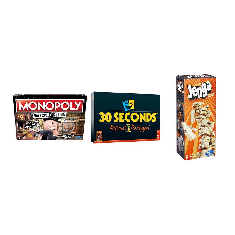 Foto van Spellenbundel - bordspellen - 3 stuks - monopoly valsspelerseditie & 30 seconds & jenga