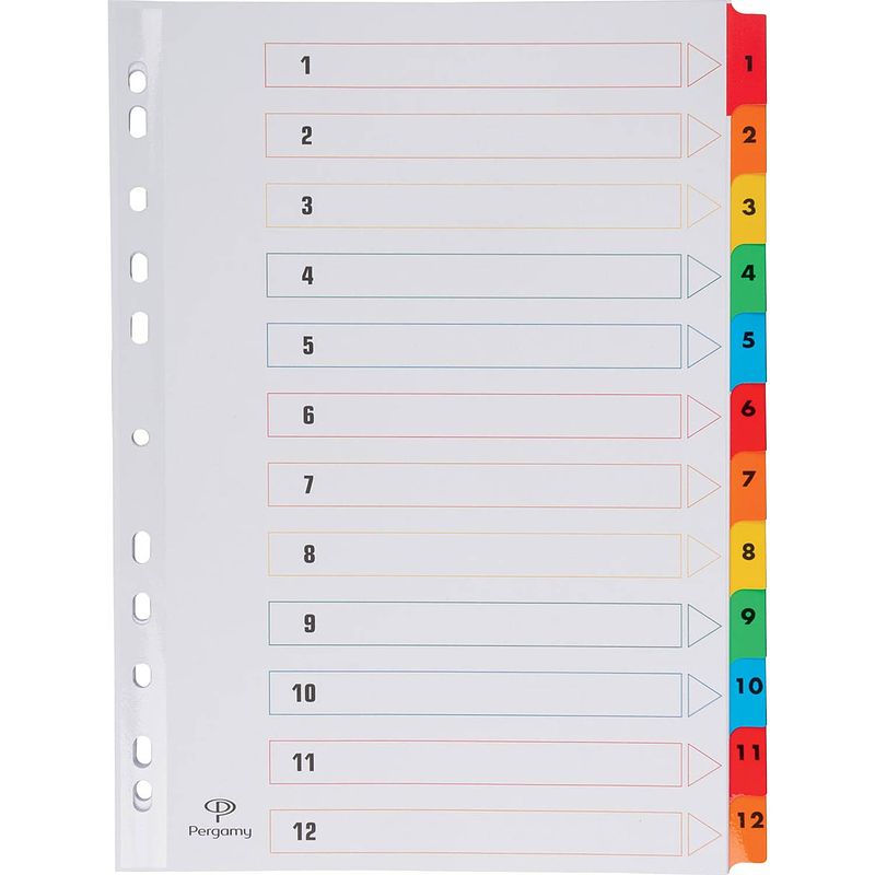 Foto van Pergamy tabbladen met indexblad, ft a4, 11-gaatsperforatie, geassorteerde kleuren, set 1-12