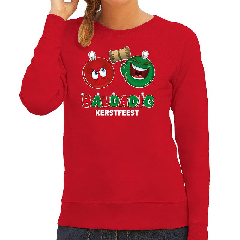 Foto van Bellatio decorations foute kersttrui/sweater voor dames - baldadig kerstfeest - rood - ontdeugend xs - kerst truien