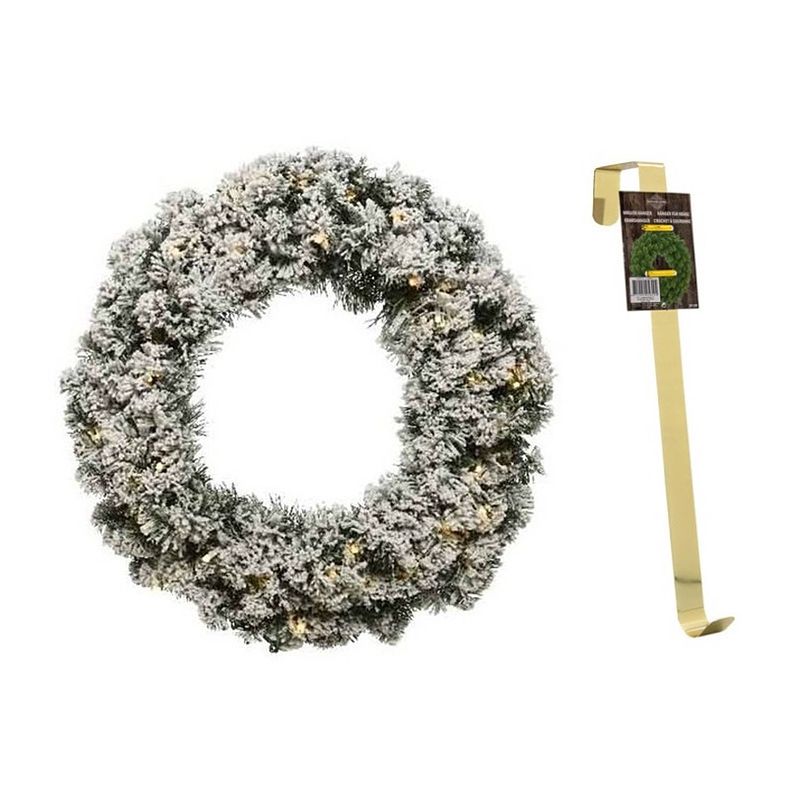 Foto van Groen/witte led kerstkrans 50 cm imperial met kunstsneeuw en met gouden hanger - kerstkransen