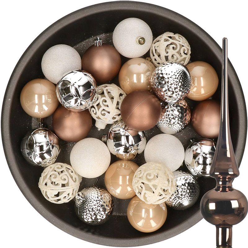 Foto van 37x stuks kunststof kerstballen 6 cm incl. glazen piek bruin-zilver-wit - kerstbal