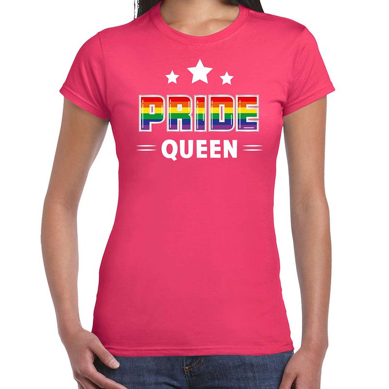 Foto van Bellatio decorations gay pride shirt - pride queen - regenboog - dames - roze xl - feestshirts