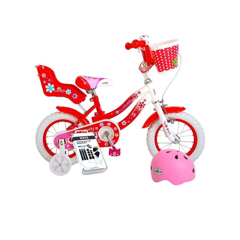 Foto van Volare kinderfiets lovely - 12 inch - rood/wit - met fietshelm & accessoires