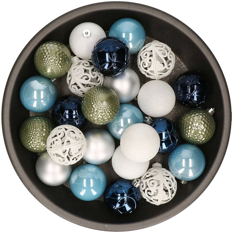 Foto van Kerstballen 37x stuks wit/groen/zilver/blauw kunststof 6cm - kerstbal