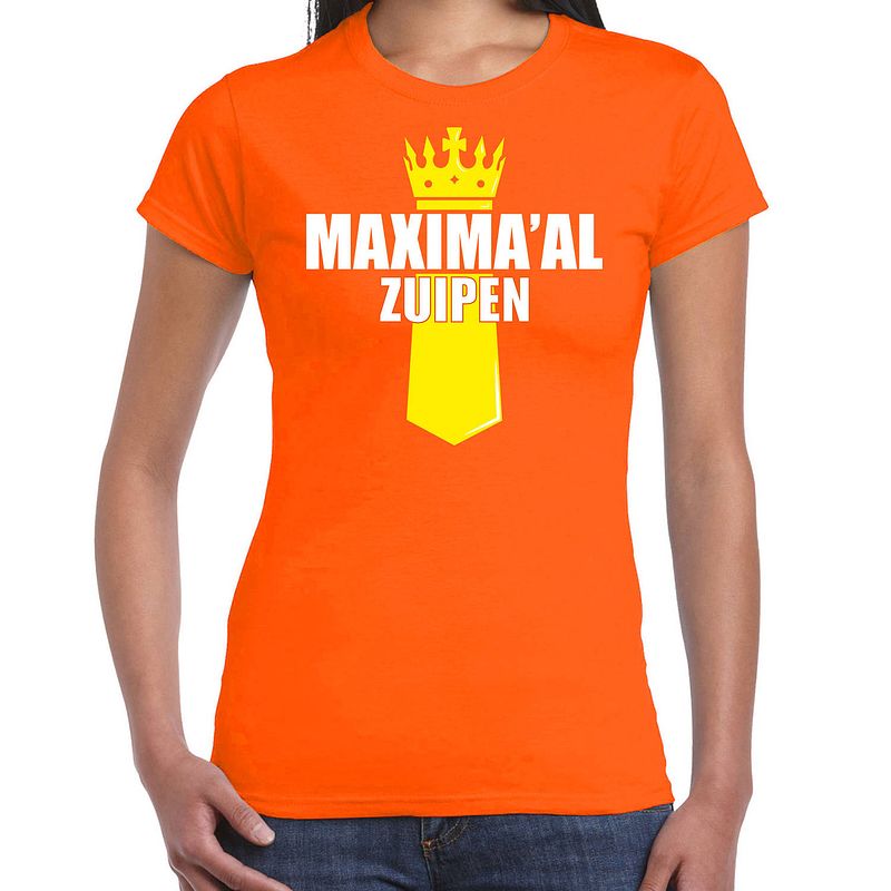 Foto van Oranje queen maximaal zuipen shirt met kroontje - koningsdag t-shirt voor dames m - feestshirts