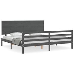 Foto van The living store bedframe - massief grenenhout - grijs - 205.5 x 205.5 x 82.5 cm - multiplex lattenbodem - hoofd- en