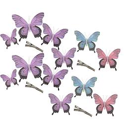 Foto van Othmar decorations decoratie vlinders op clip 12x stuks - paars/blauw/roze - 12/16/20 cm - hobbydecoratieobject