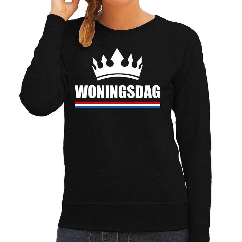 Foto van Woningsdag sweaters / trui voor thuisblijvers tijdens koningsdag zwart dames xs - feesttruien