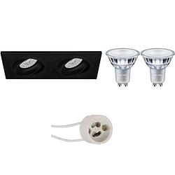 Foto van Led spot set - pragmi borny pro - gu10 fitting - inbouw rechthoek dubbel - mat zwart - kantelbaar - 175x92mm - philips -