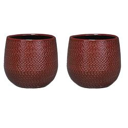 Foto van Set van 2x stuks bloempotten bordeaux rood ribbels keramiek voor kamerplant h12 x d14 cm - plantenpotten