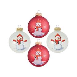 Foto van 4x stuks luxe glazen kerstballen 7 cm wit en rood met sneeuwpop - kerstbal