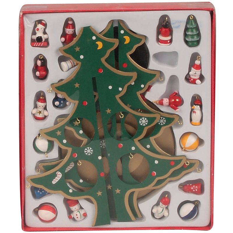 Foto van Iko - kleine decoratie kerstboomp - met ornamenten - hout - 28 cm - houten kerstbomen