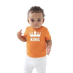 Foto van The king met kroon koningsdag t-shirt oranje baby/peuter voor jongens 54/60 (0-3 maanden) - feestshirts