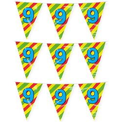 Foto van Paperdreams verjaardag 9 jaar thema vlaggetjes - 3x - feestversiering - 10m - folie - dubbelzijdig - vlaggenlijnen