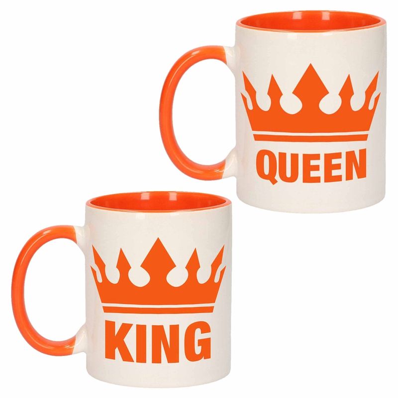 Foto van Cadeauset van oranje king en queen mokken/bekers 300 ml - feest mokken