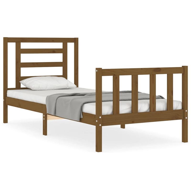 Foto van The living store massief grenenhouten bedframe - honingbruin - 205.5 x 95.5 x 100 cm - multiplex lattenbodem -