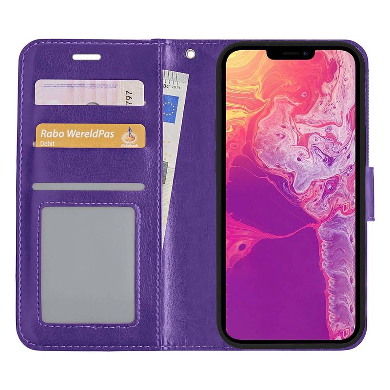 Foto van Basey iphone 13 pro hoesje bookcase kunstleer - iphone 13 pro hoes flip case book cover - paars