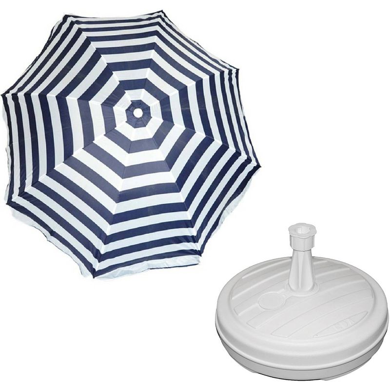 Foto van Parasol - blauw/wit - d140 cm - incl. draagtas - parasolvoet - 42 cm - parasols