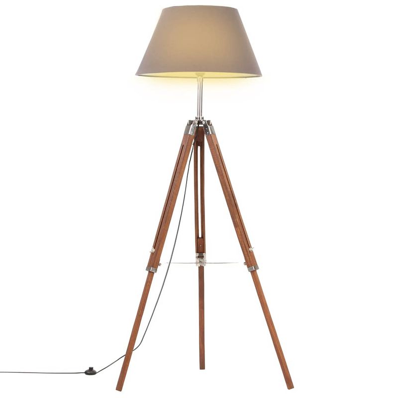 Foto van Vidaxl vloerlamp driepoot 141 cm massief teakhout honingbruin en grijs